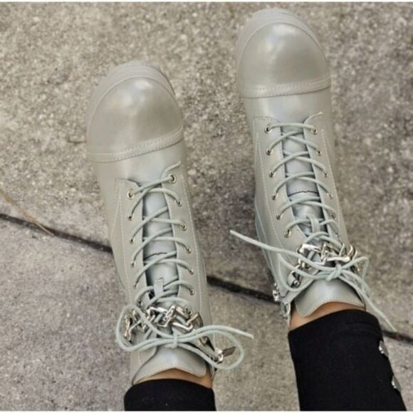 Women's Platform Heel Boots Chunky Ankle Lace Up Olive Color - Picture 3 of 6